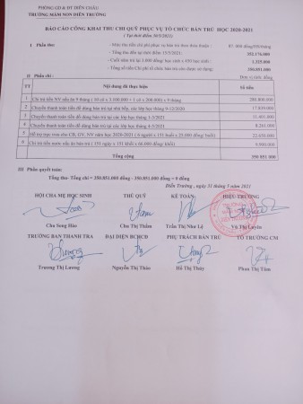 Báo cáo công khai thu chi quỹ phục vụ tổ chức bán trú năm học 2020-2021