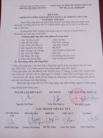 Biên Bản niêm yết công khai quyết toán các khoản thu chi năm học 2020-2021