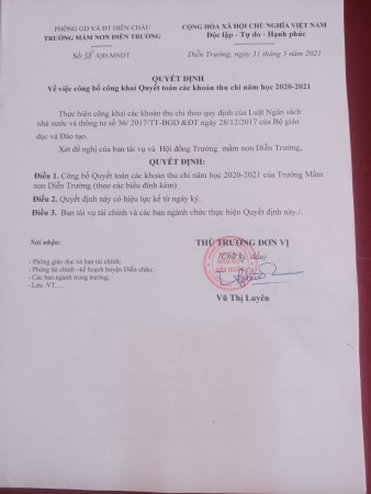 quyết định về việc công bố quyết toán các khoản thu chi năm học 2020-2021