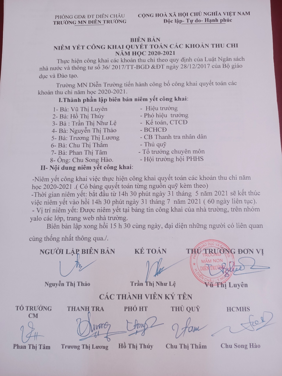 Biên Bản niêm yết công khai quyết toán các khoản thu chi năm học 2020-2021